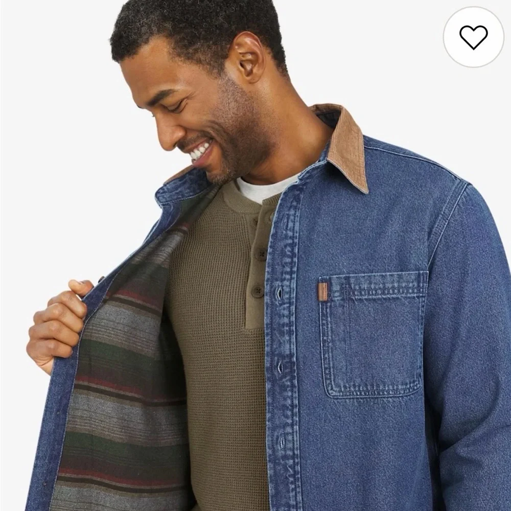CHAPS Barn Coat Shacket Flannel Lined Denim Shirt Jacket Classic Corduroy Collar